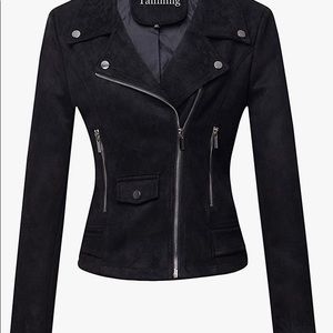Suede black womens jacket with 2 zipper pockets and cross zipper in front